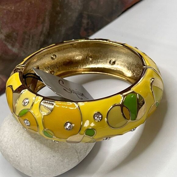 Yellow & Green  Enamel Geometric Pattern Accented with Clear Crystals in Gold Hi - Picture 10 of 11